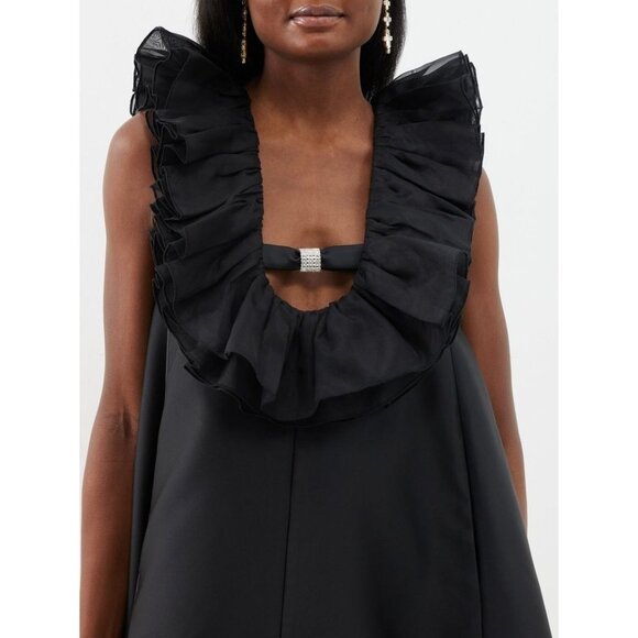 SHUSHU/TONG Black Duchess Satin Organza Ruffle U-Neck Mini Swing Dress, Size 4 - Picture 2 of 16
